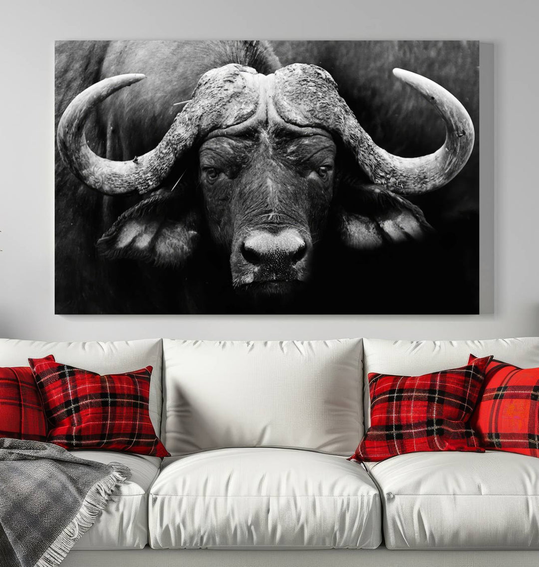 Buffalo Canvas Wall Art Print - Majestic African Buffalo Close-Up in Black and White, Perfect for Living Room or Office, Ready to Hang Wildlife Decor