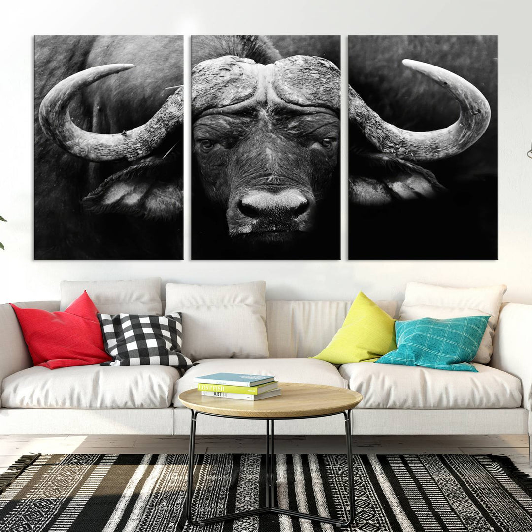 Buffalo Canvas Wall Art Print - Majestic African Buffalo Close-Up in Black and White, Perfect for Living Room or Office, Ready to Hang Wildlife Decor