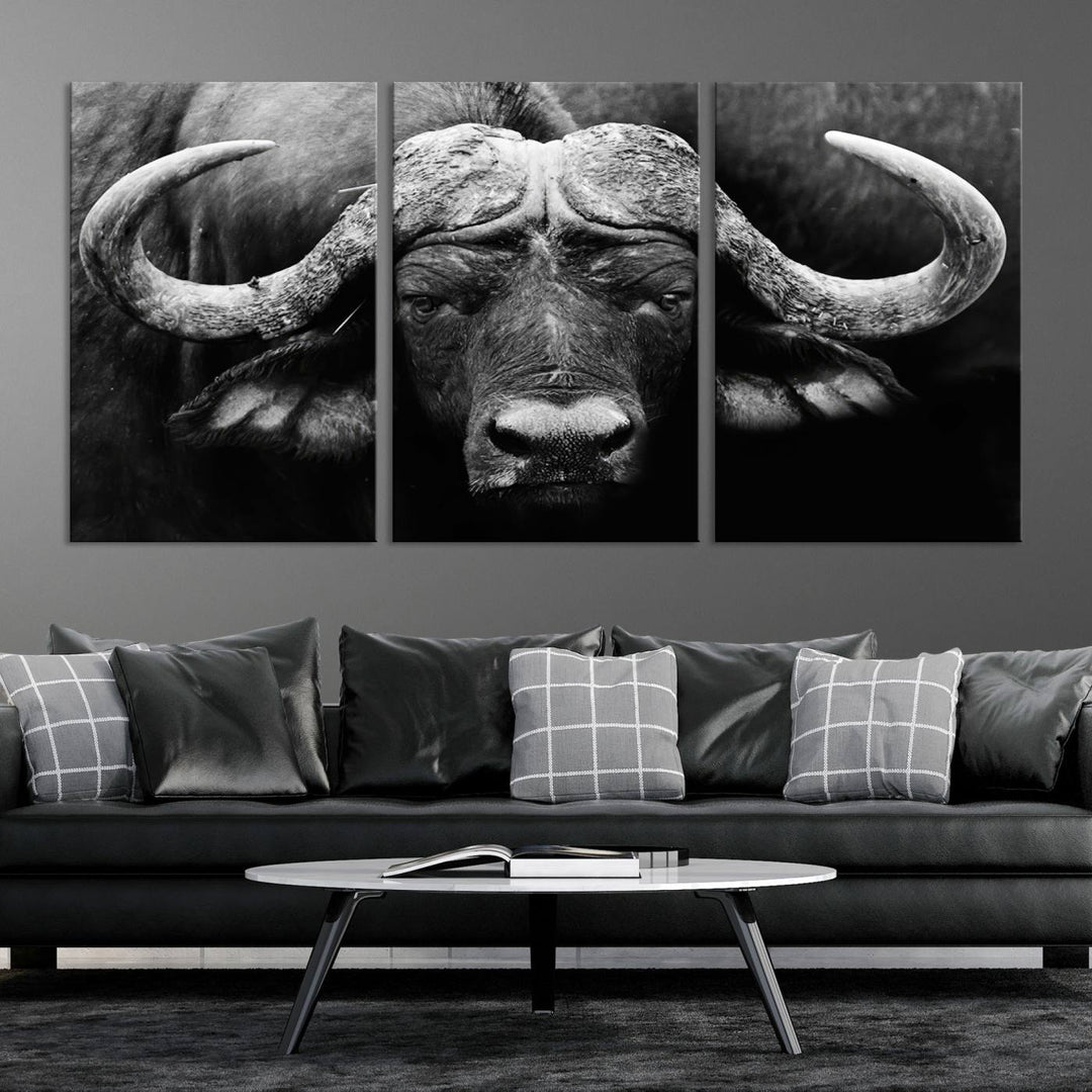 Buffalo Canvas Wall Art Print - Majestic African Buffalo Close-Up in Black and White, Perfect for Living Room or Office, Ready to Hang Wildlife Decor