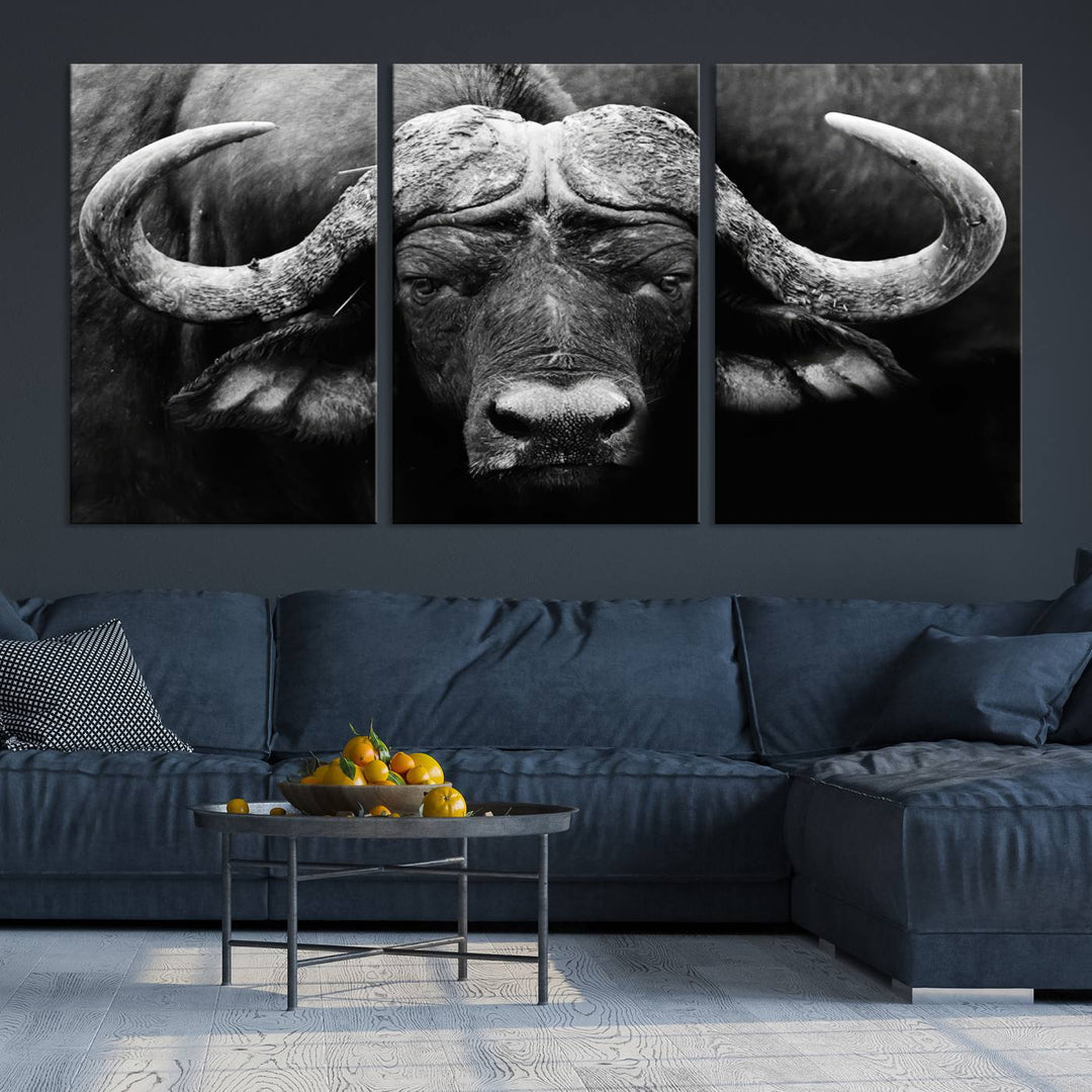 Buffalo Canvas Wall Art Print - Majestic African Buffalo Close-Up in Black and White, Perfect for Living Room or Office, Ready to Hang Wildlife Decor