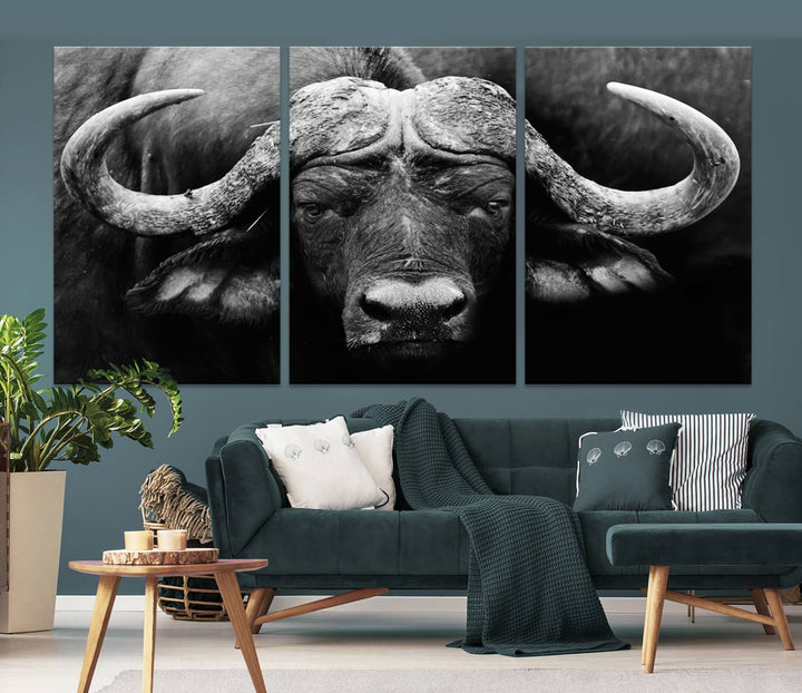 Buffalo Canvas Wall Art Print - Majestic African Buffalo Close-Up in Black and White, Perfect for Living Room or Office, Ready to Hang Wildlife Decor