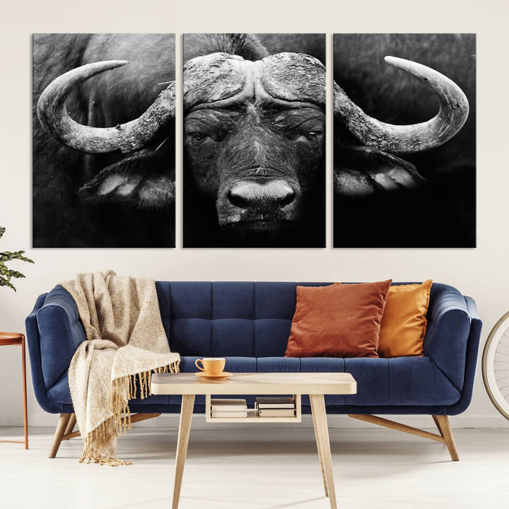 Buffalo Canvas Wall Art Print - Majestic African Buffalo Close-Up in Black and White, Perfect for Living Room or Office, Ready to Hang Wildlife Decor