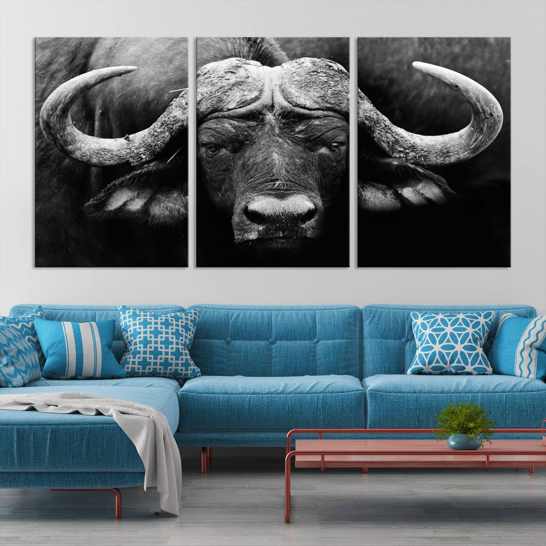 Buffalo Canvas Wall Art Print - Majestic African Buffalo Close-Up in Black and White, Perfect for Living Room or Office, Ready to Hang Wildlife Decor