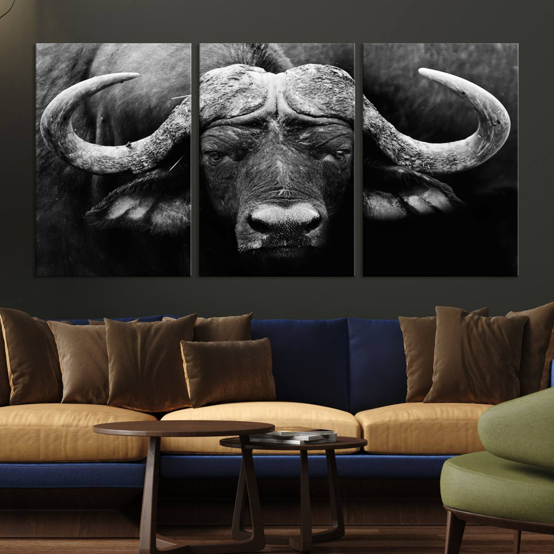 Buffalo Canvas Wall Art Print - Majestic African Buffalo Close-Up in Black and White, Perfect for Living Room or Office, Ready to Hang Wildlife Decor