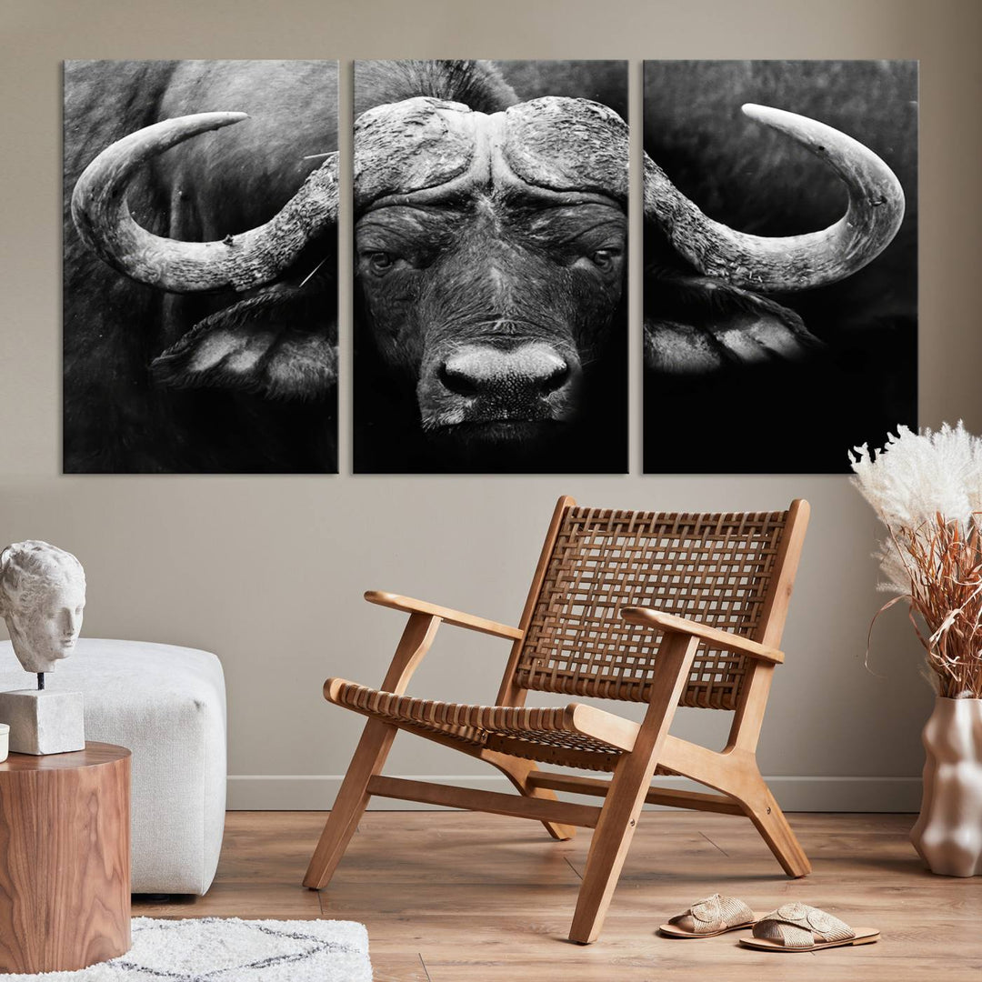 Buffalo Canvas Wall Art Print - Majestic African Buffalo Close-Up in Black and White, Perfect for Living Room or Office, Ready to Hang Wildlife Decor