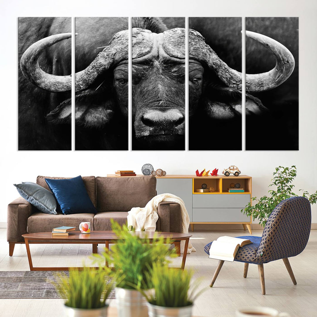 Buffalo Canvas Wall Art Print - Majestic African Buffalo Close-Up in Black and White, Perfect for Living Room or Office, Ready to Hang Wildlife Decor