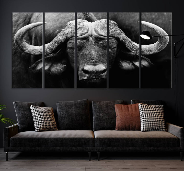 Buffalo Canvas Wall Art Print - Majestic African Buffalo Close-Up in Black and White, Perfect for Living Room or Office, Ready to Hang Wildlife Decor