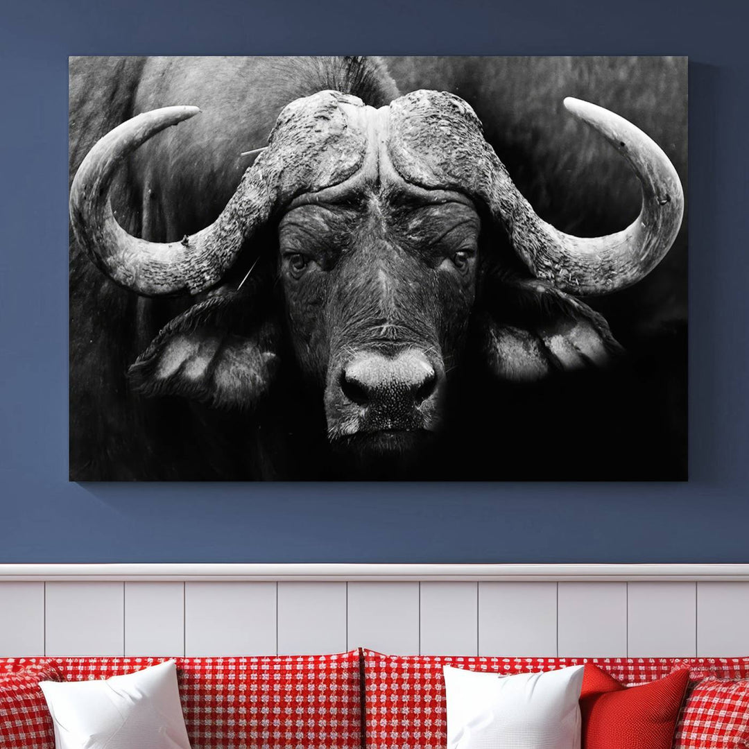 Buffalo Canvas Wall Art Print - Majestic African Buffalo Close-Up in Black and White, Perfect for Living Room or Office, Ready to Hang Wildlife Decor