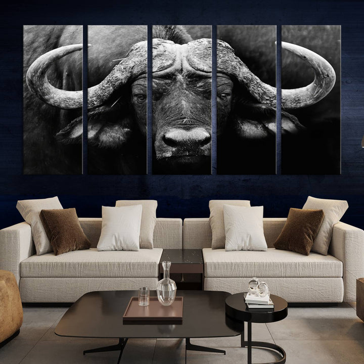 Buffalo Canvas Wall Art Print - Majestic African Buffalo Close-Up in Black and White, Perfect for Living Room or Office, Ready to Hang Wildlife Decor