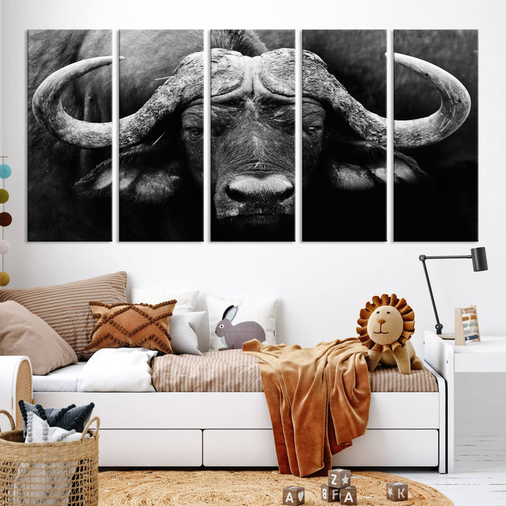 Buffalo Canvas Wall Art Print - Majestic African Buffalo Close-Up in Black and White, Perfect for Living Room or Office, Ready to Hang Wildlife Decor