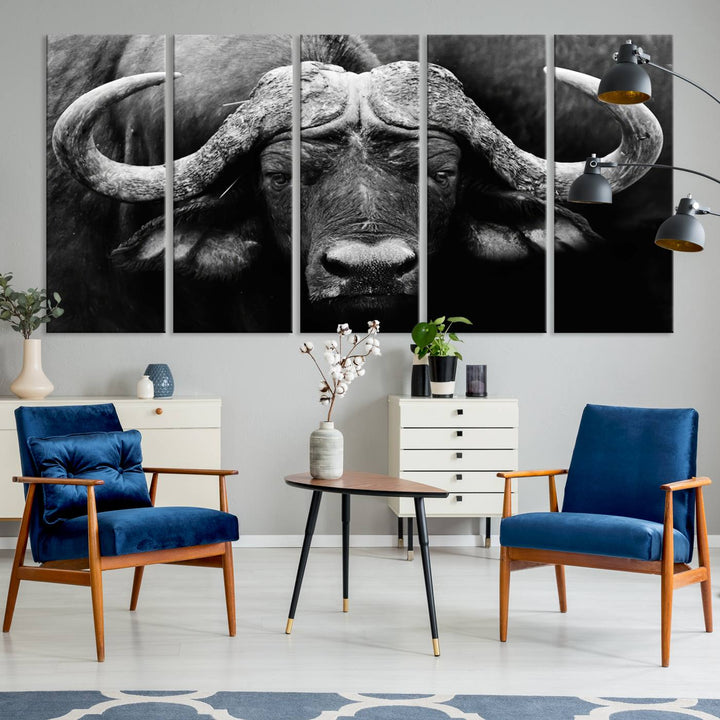 Buffalo Canvas Wall Art Print - Majestic African Buffalo Close-Up in Black and White, Perfect for Living Room or Office, Ready to Hang Wildlife Decor