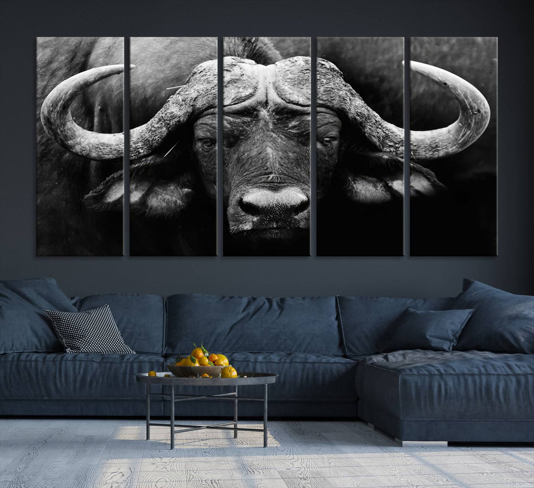 Buffalo Canvas Wall Art Print - Majestic African Buffalo Close-Up in Black and White, Perfect for Living Room or Office, Ready to Hang Wildlife Decor