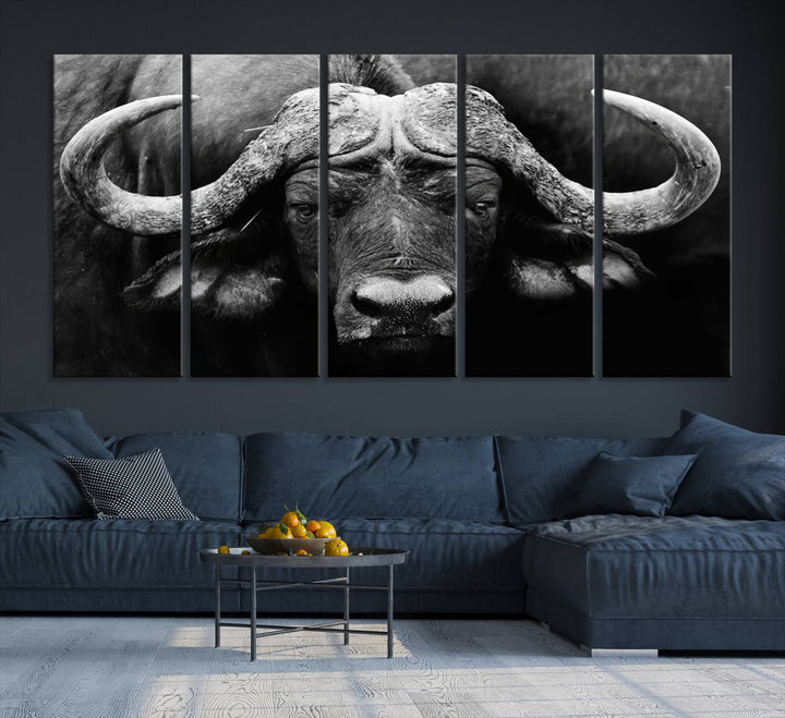 Buffalo Canvas Wall Art Print - Majestic African Buffalo Close-Up in Black and White, Perfect for Living Room or Office, Ready to Hang Wildlife Decor