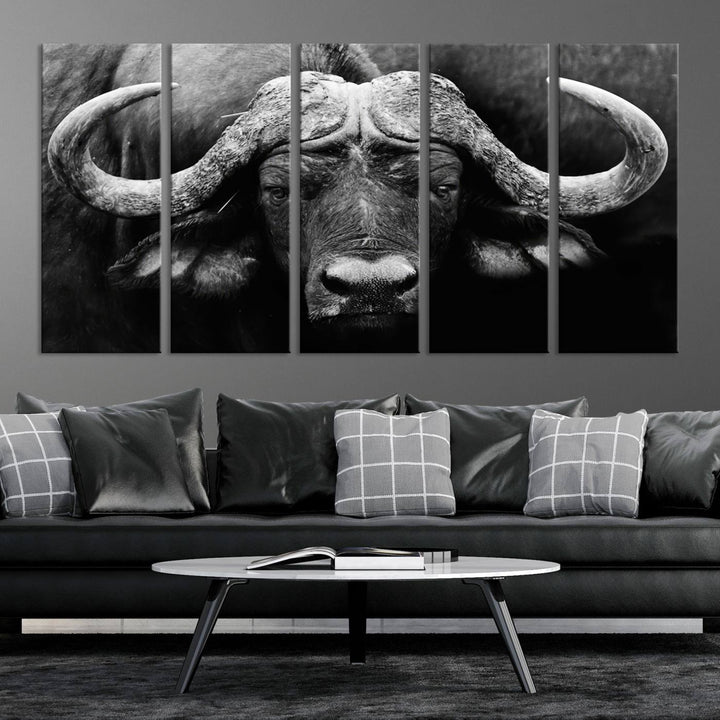 Buffalo Canvas Wall Art Print - Majestic African Buffalo Close-Up in Black and White, Perfect for Living Room or Office, Ready to Hang Wildlife Decor