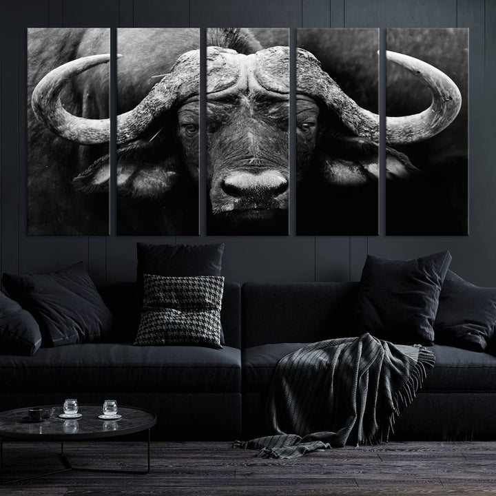 Buffalo Canvas Wall Art Print - Majestic African Buffalo Close-Up in Black and White, Perfect for Living Room or Office, Ready to Hang Wildlife Decor