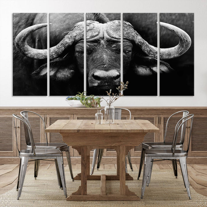 Buffalo Canvas Wall Art Print - Majestic African Buffalo Close-Up in Black and White, Perfect for Living Room or Office, Ready to Hang Wildlife Decor