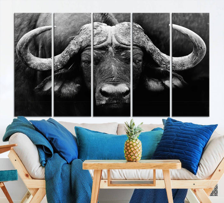 Buffalo Canvas Wall Art Print - Majestic African Buffalo Close-Up in Black and White, Perfect for Living Room or Office, Ready to Hang Wildlife Decor