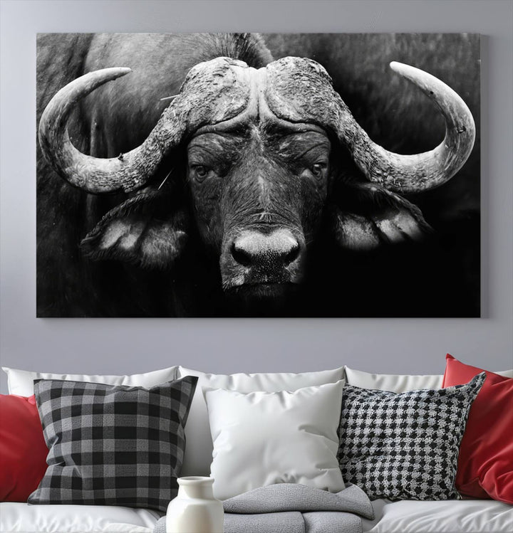 Buffalo Canvas Wall Art Print - Majestic African Buffalo Close-Up in Black and White, Perfect for Living Room or Office, Ready to Hang Wildlife Decor