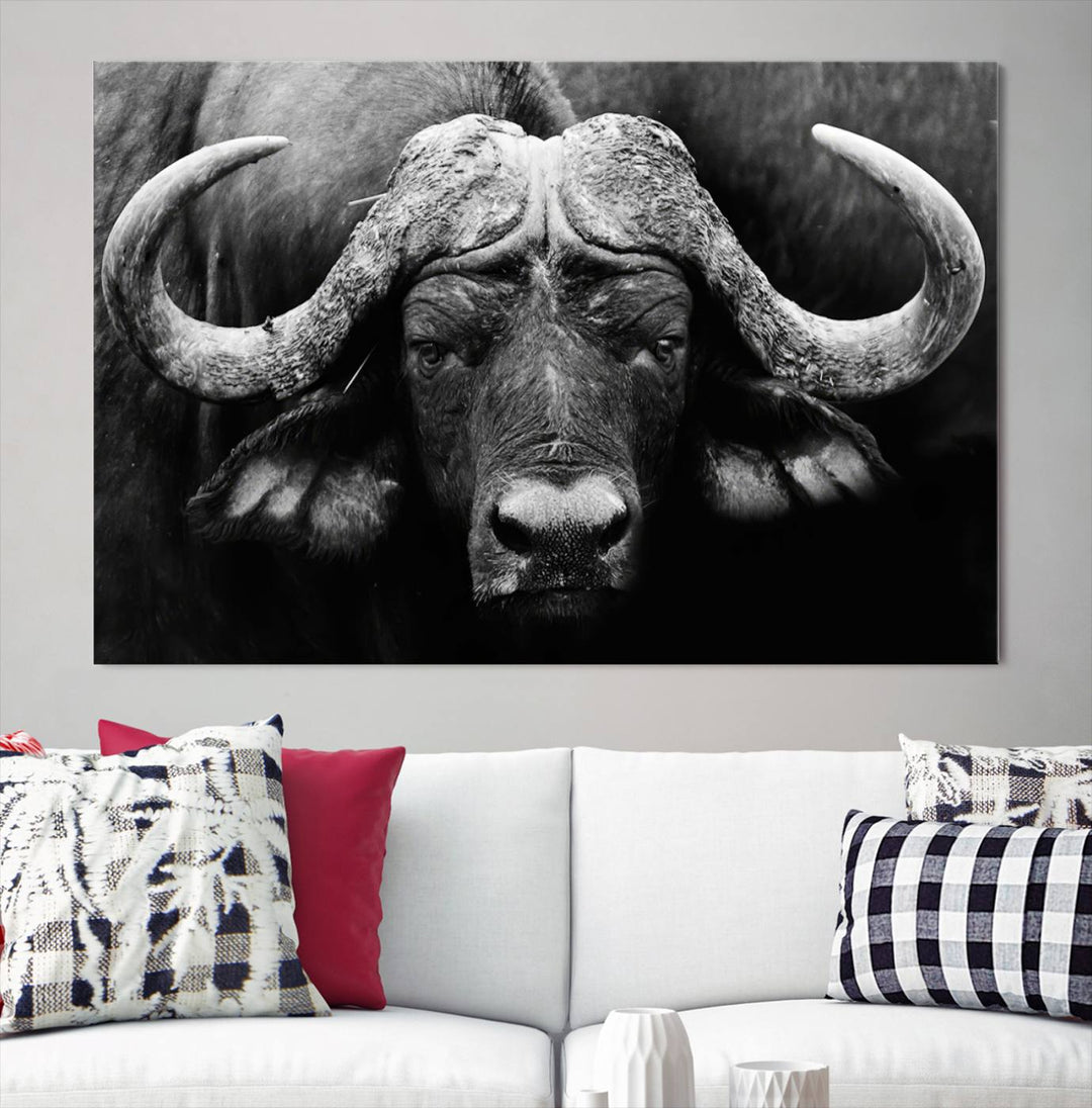 Buffalo Canvas Wall Art Print - Majestic African Buffalo Close-Up in Black and White, Perfect for Living Room or Office, Ready to Hang Wildlife Decor