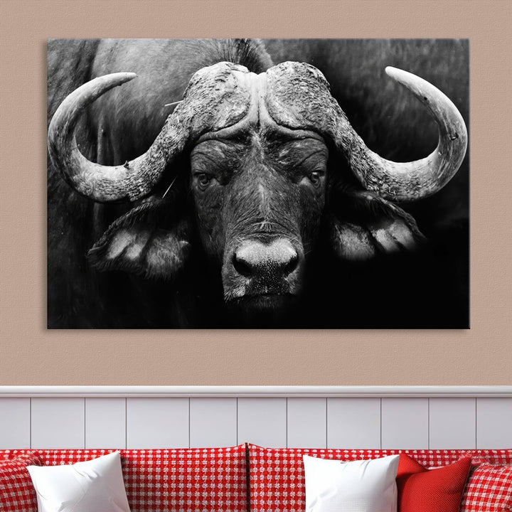 Buffalo Canvas Wall Art Print - Majestic African Buffalo Close-Up in Black and White, Perfect for Living Room or Office, Ready to Hang Wildlife Decor