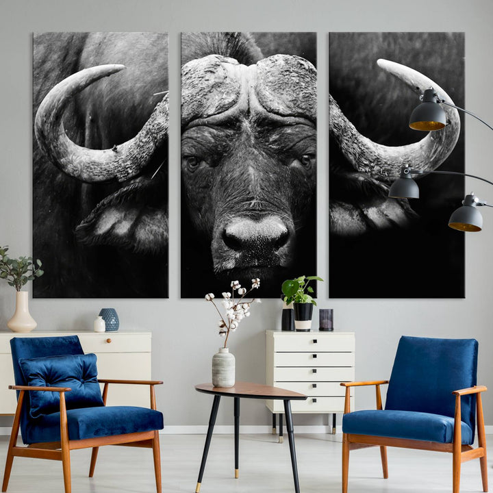 Buffalo Canvas Wall Art Print - Majestic African Buffalo Close-Up in Black and White, Perfect for Living Room or Office, Ready to Hang Wildlife Decor