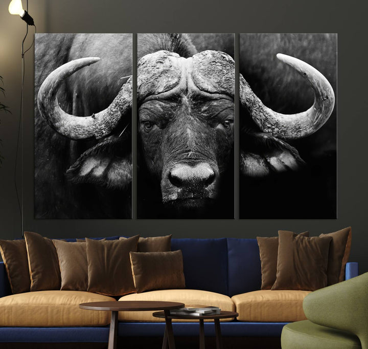 Buffalo Canvas Wall Art Print - Majestic African Buffalo Close-Up in Black and White, Perfect for Living Room or Office, Ready to Hang Wildlife Decor