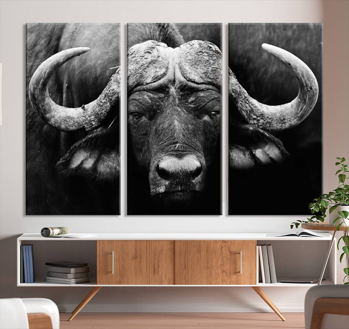 Buffalo Canvas Wall Art Print - Majestic African Buffalo Close-Up in Black and White, Perfect for Living Room or Office, Ready to Hang Wildlife Decor