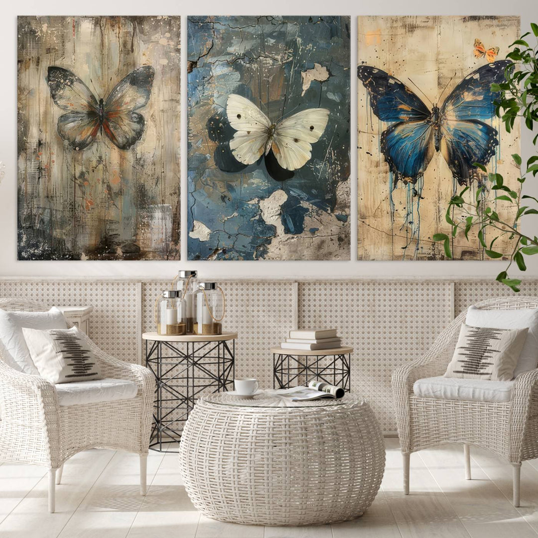 Butterfly Canvas Wall Art Print - Abstract Butterfly Set of Print for Dining Room, Large Nature Wall Art, Rustic Butterfly Wall Decor, Ready to Hang