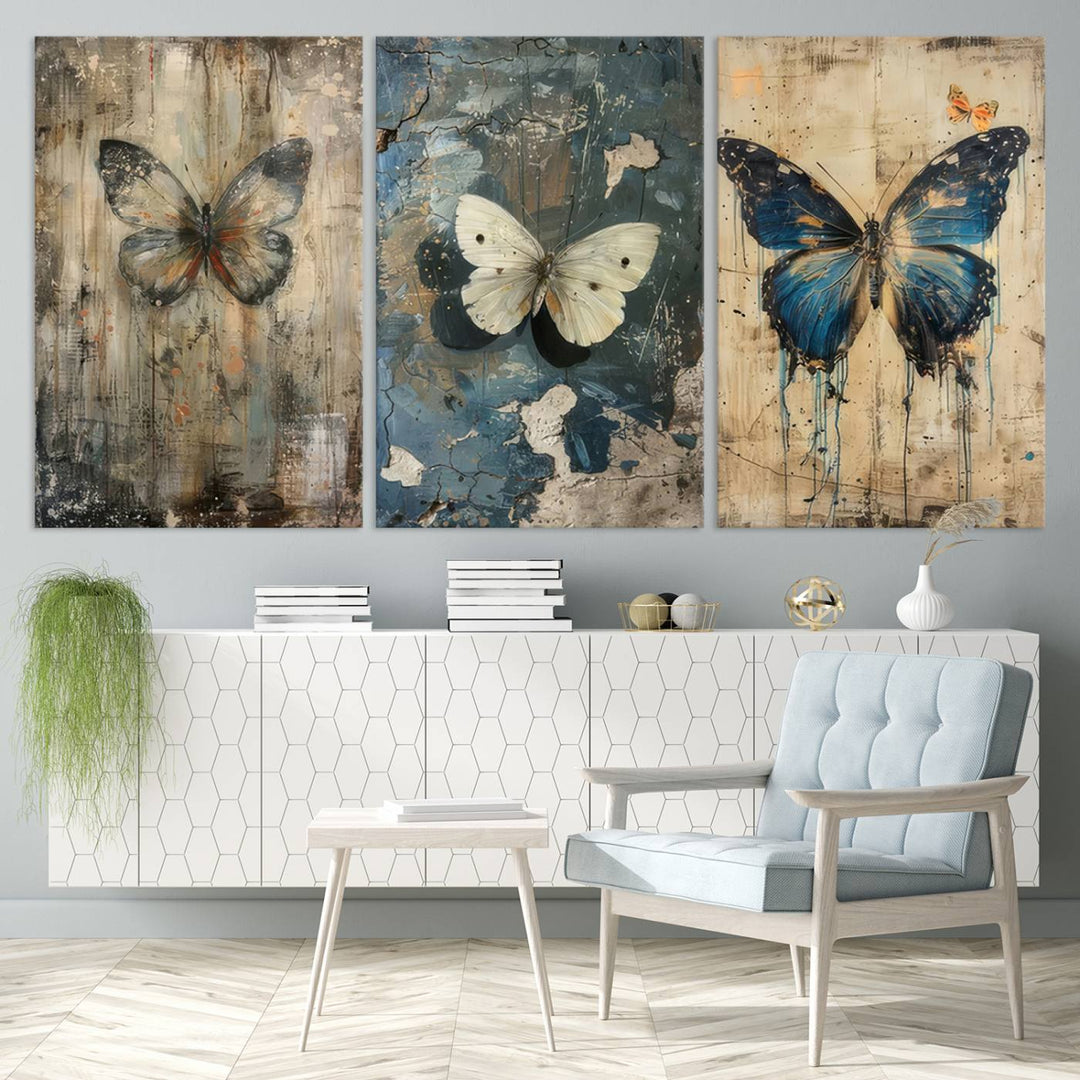 Butterfly Canvas Wall Art Print - Abstract Butterfly Set of Print for Dining Room, Large Nature Wall Art, Rustic Butterfly Wall Decor, Ready to Hang