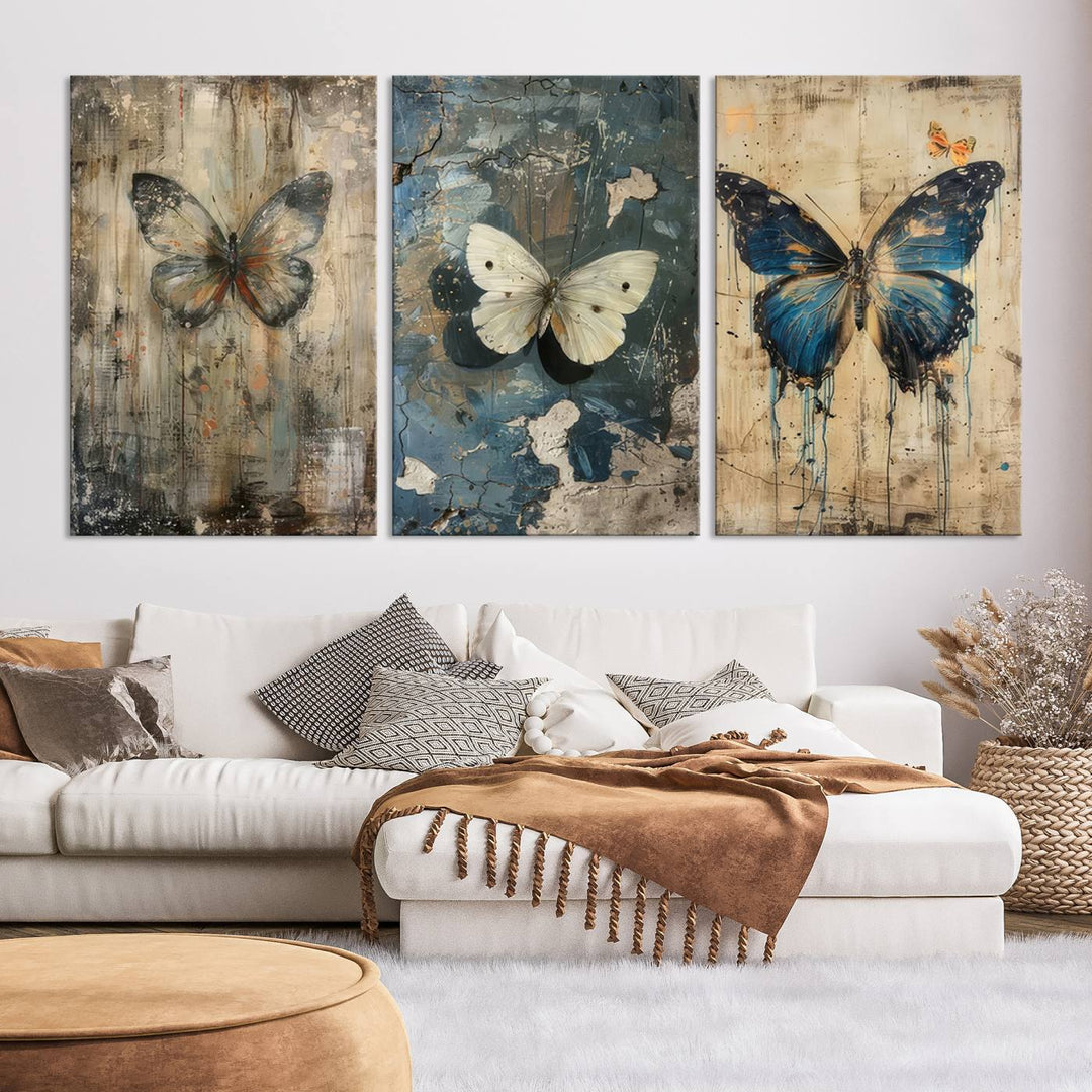 Butterfly Canvas Wall Art Print - Abstract Butterfly Set of Print for Dining Room, Large Nature Wall Art, Rustic Butterfly Wall Decor, Ready to Hang