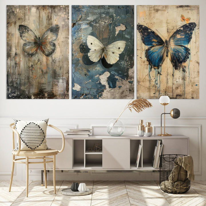 Butterfly Canvas Wall Art Print - Abstract Butterfly Set of Print for Dining Room, Large Nature Wall Art, Rustic Butterfly Wall Decor, Ready to Hang