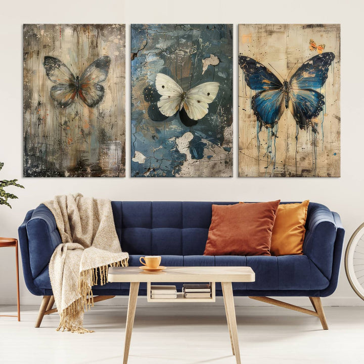 Butterfly Canvas Wall Art Print - Abstract Butterfly Set of Print for Dining Room, Large Nature Wall Art, Rustic Butterfly Wall Decor, Ready to Hang