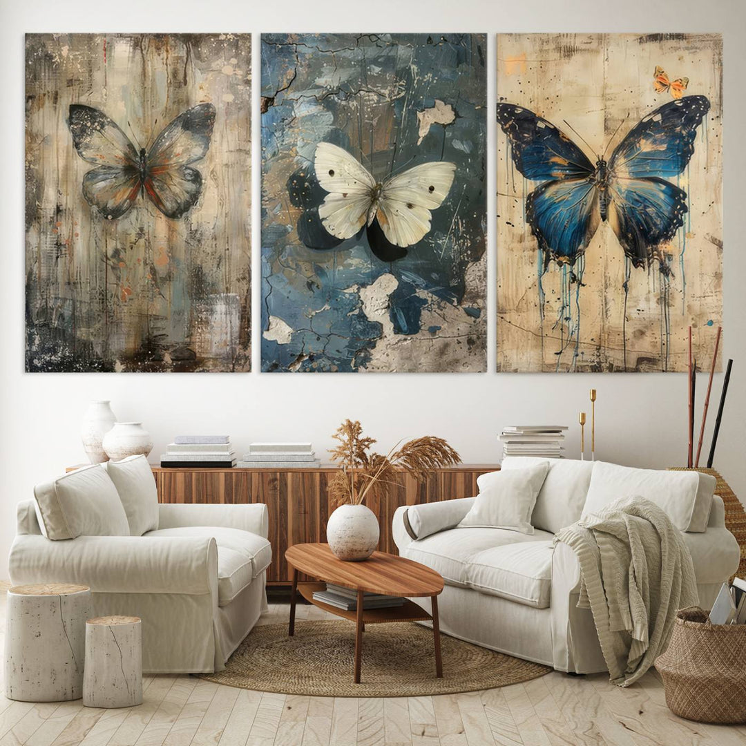 Butterfly Canvas Wall Art Print - Abstract Butterfly Set of Print for Dining Room, Large Nature Wall Art, Rustic Butterfly Wall Decor, Ready to Hang