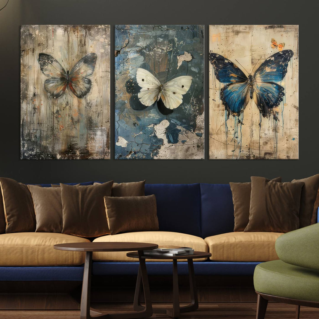 Butterfly Canvas Wall Art Print - Abstract Butterfly Set of Print for Dining Room, Large Nature Wall Art, Rustic Butterfly Wall Decor, Ready to Hang