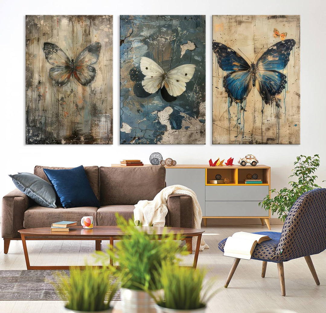 Butterfly Canvas Wall Art Print - Abstract Butterfly Set of Print for Dining Room, Large Nature Wall Art, Rustic Butterfly Wall Decor, Ready to Hang