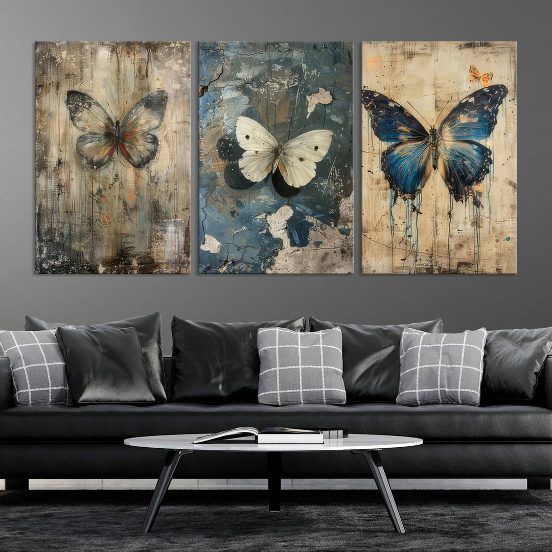 Butterfly Canvas Wall Art Print - Abstract Butterfly Set of Print for Dining Room, Large Nature Wall Art, Rustic Butterfly Wall Decor, Ready to Hang