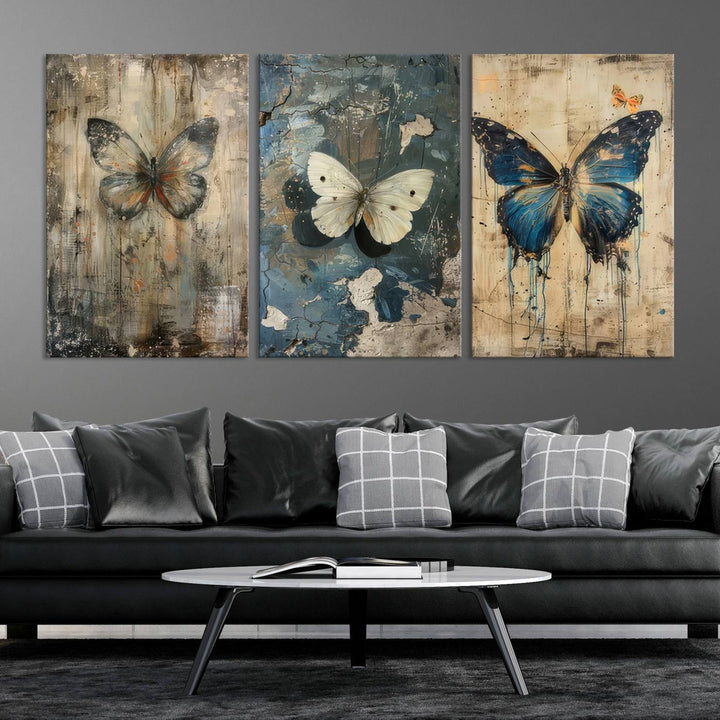 Butterfly Canvas Wall Art Print - Abstract Butterfly Set of Print for Dining Room, Large Nature Wall Art, Rustic Butterfly Wall Decor, Ready to Hang