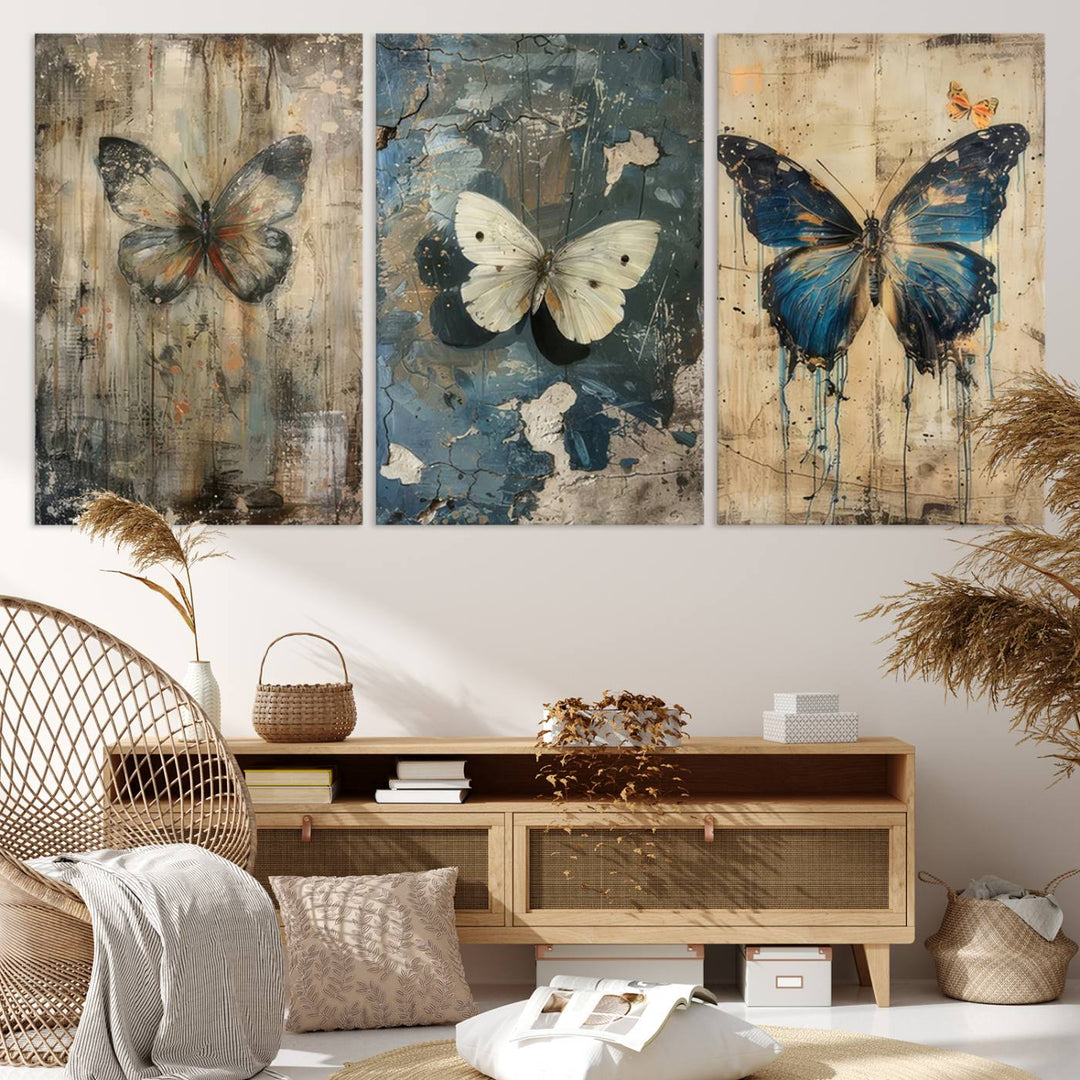 Butterfly Canvas Wall Art Print - Abstract Butterfly Set of Print for Dining Room, Large Nature Wall Art, Rustic Butterfly Wall Decor, Ready to Hang