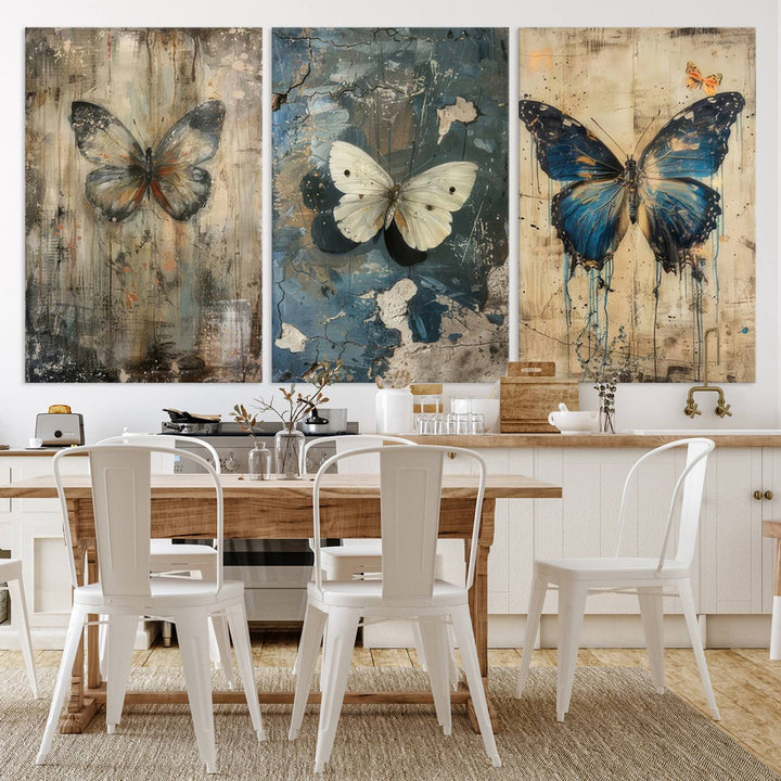 Butterfly Canvas Wall Art Print - Abstract Butterfly Set of Print for Dining Room, Large Nature Wall Art, Rustic Butterfly Wall Decor, Ready to Hang