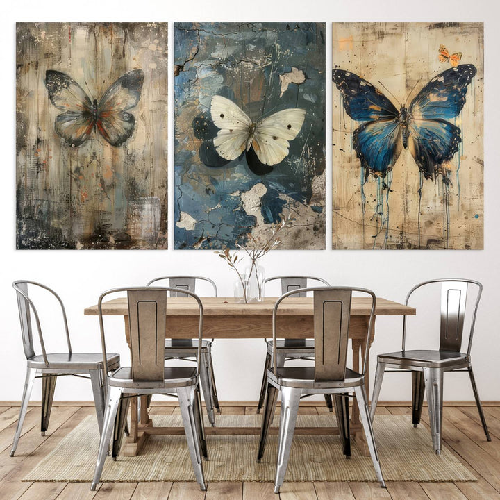 Butterfly Canvas Wall Art Print - Abstract Butterfly Set of Print for Dining Room, Large Nature Wall Art, Rustic Butterfly Wall Decor, Ready to Hang