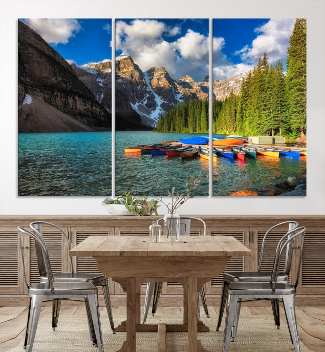 Canoes on Moraine Lake Canada Canvas Wall Art Print Framed