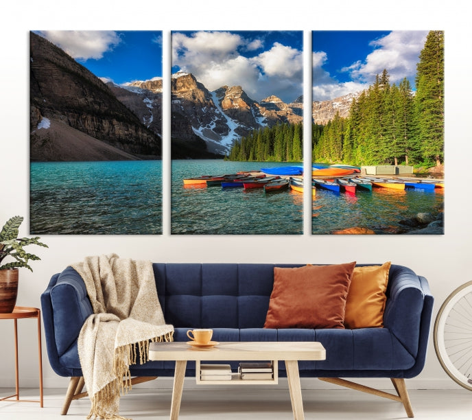 Canoes on Moraine Lake Canada Canvas Wall Art Print Framed