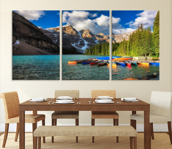 Canoes on Moraine Lake Canada Canvas Wall Art Print Framed