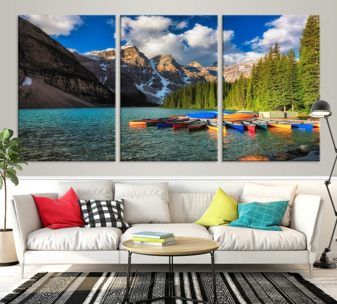 Canoes on Moraine Lake Canada Canvas Wall Art Print Framed