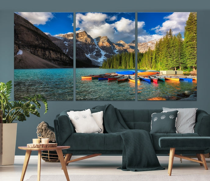 Canoes on Moraine Lake Canada Canvas Wall Art Print Framed