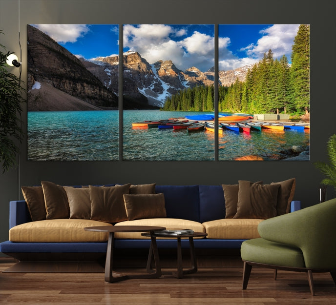 Canoes on Moraine Lake Canada Canvas Wall Art Print Framed