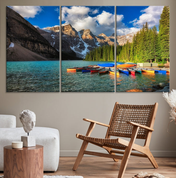 Canoes on Moraine Lake Canada Canvas Wall Art Print Framed