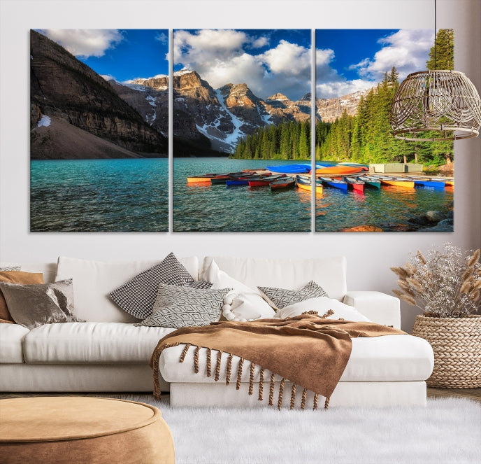 Canoes on Moraine Lake Canada Canvas Wall Art Print Framed