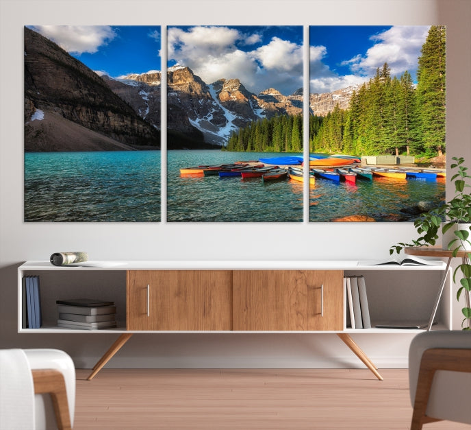 Canoes on Moraine Lake Canada Canvas Wall Art Print Framed