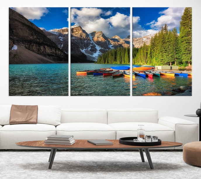 Canoes on Moraine Lake Canada Canvas Wall Art Print Framed